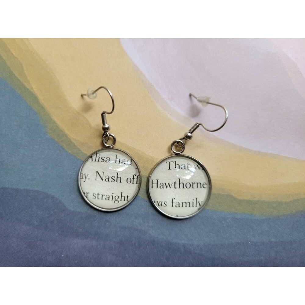 Nash Hawthorne pendant earrings made with The Inheritance Games book pages